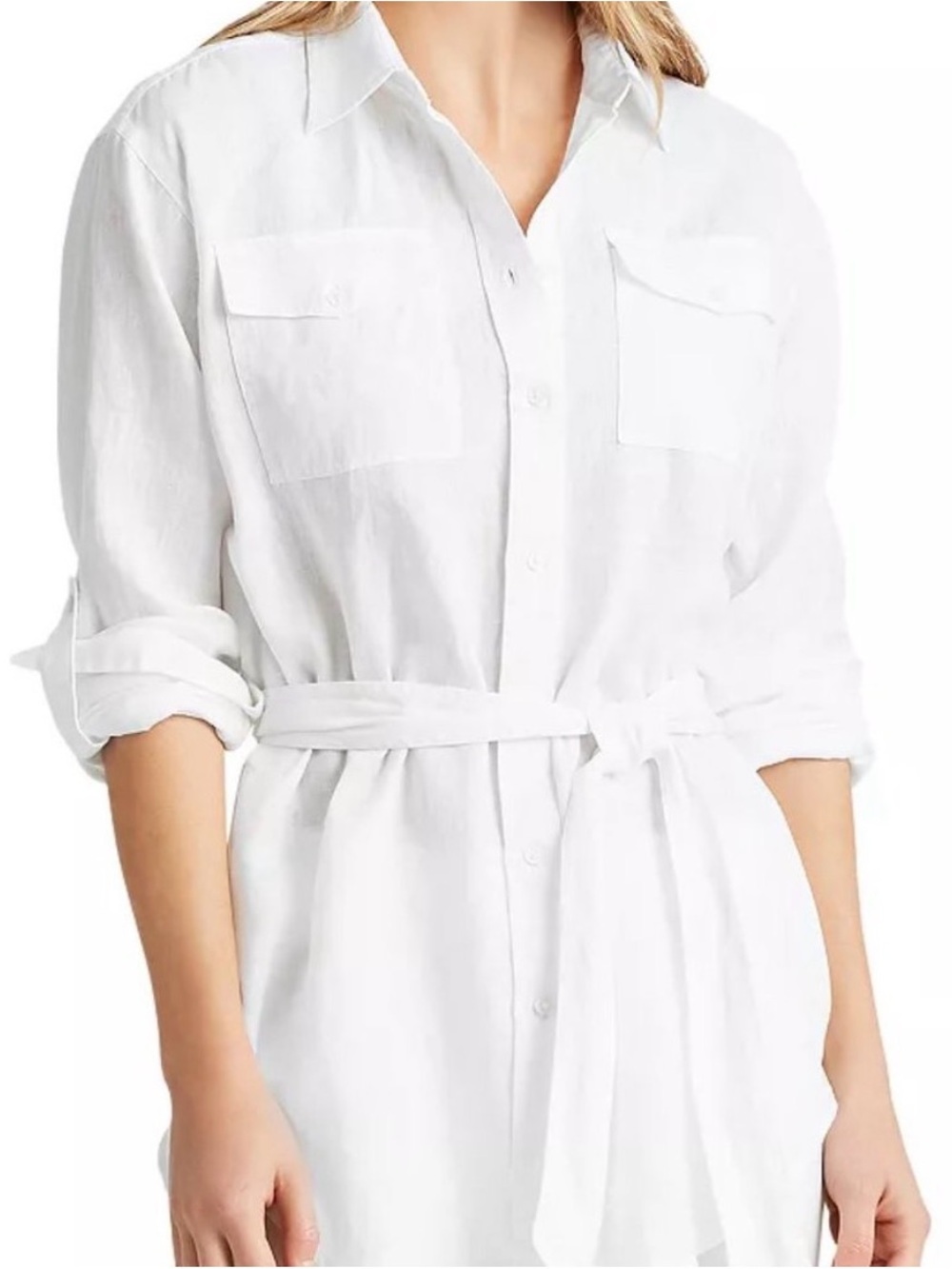 Lauren Ralph Lauren 100% Linen White Belted Tunic Shirt Large Roll Tab Sleeves